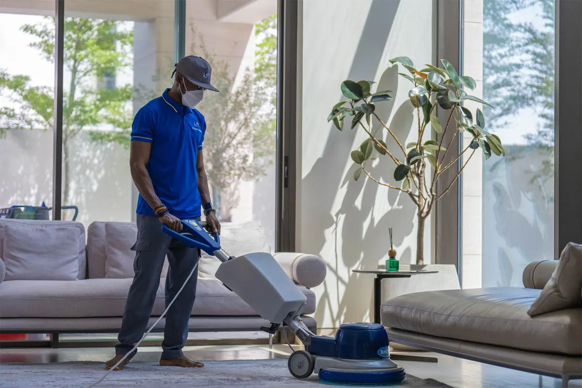 Professional carpet cleaning service inside a Dubai home